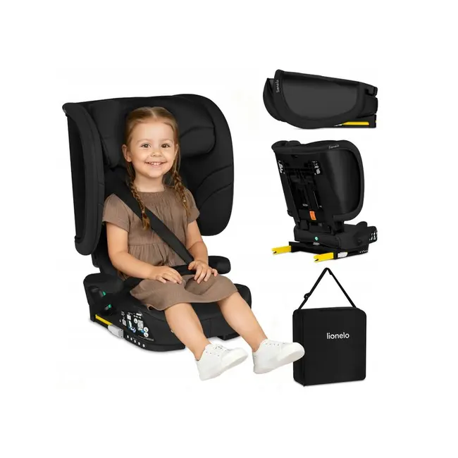 Scaun auto pliabil, Lionelo, Orin, i-Size, 100-150 cm, Tetiera reglabila in 14 pozitii, Spatar in 4 pozitii, Isofix+Top Tether, Sezut ergonomic, Husa transport, Suport sticla, Negru Carbon BYNLO-ORIN_I-SIZE_BLACK_CARBON