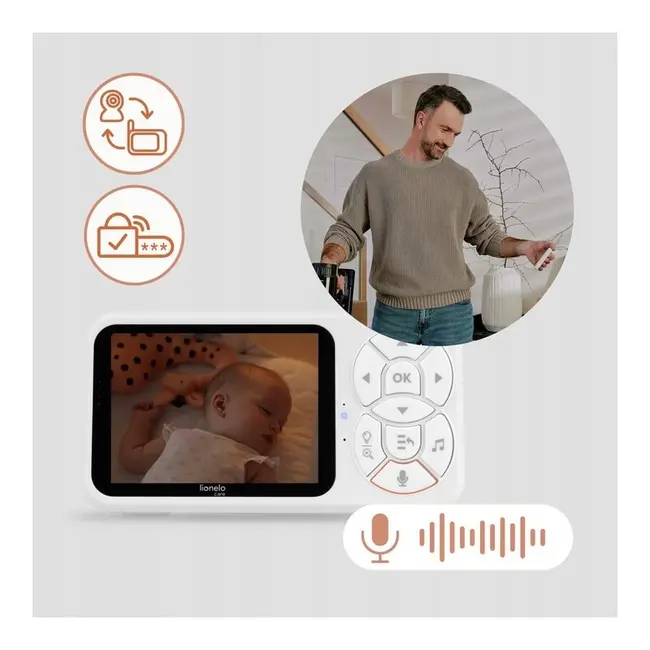 Video monitor, Lionelo, Babyline 3.4, Ecran LCD de 3.5 inch, Raza de actiune pana la 300 m, Conectare 4 camere, Autonomie 8 h, Lampa RGB incorporata, Cantece de leagan, Zoom 4X, Mod nocturn, Alb BYNLOC-BABYLINE_3.4