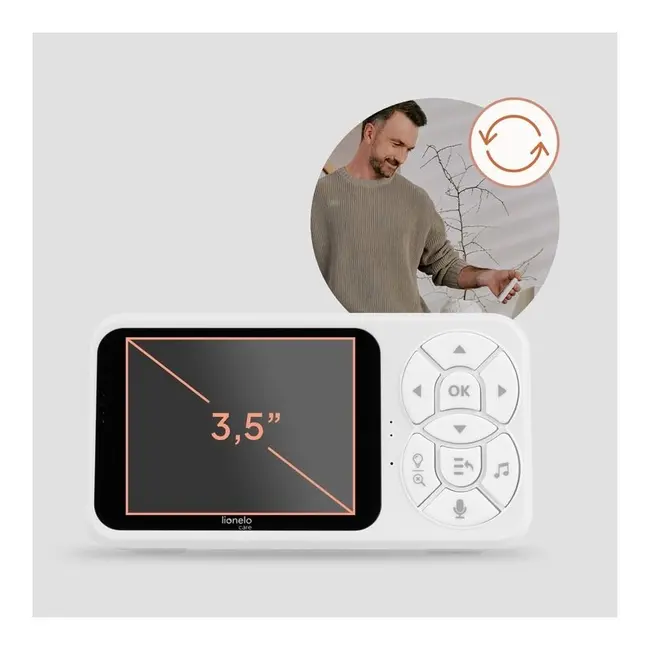 Video monitor, Lionelo, Babyline 3.4, Ecran LCD de 3.5 inch, Raza de actiune pana la 300 m, Conectare 4 camere, Autonomie 8 h, Lampa RGB incorporata, Cantece de leagan, Zoom 4X, Mod nocturn, Alb BYNLOC-BABYLINE_3.4