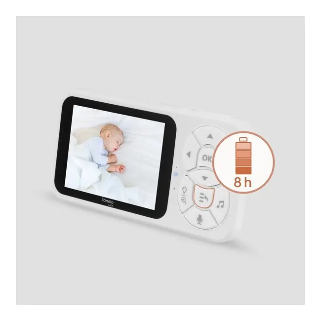 Video monitor, Lionelo, Babyline 3.4, Ecran LCD de 3.5 inch, Raza de actiune pana la 300 m, Conectare 4 camere, Autonomie 8 h, Lampa RGB incorporata, Cantece de leagan, Zoom 4X, Mod nocturn, Alb BYNLOC-BABYLINE_3.4