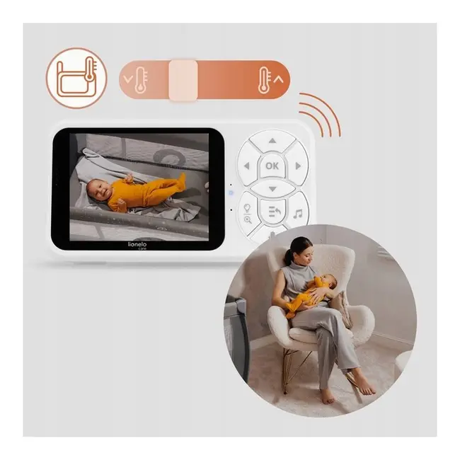Video monitor, Lionelo, Babyline 3.4, Ecran LCD de 3.5 inch, Raza de actiune pana la 300 m, Conectare 4 camere, Autonomie 8 h, Lampa RGB incorporata, Cantece de leagan, Zoom 4X, Mod nocturn, Alb BYNLOC-BABYLINE_3.4