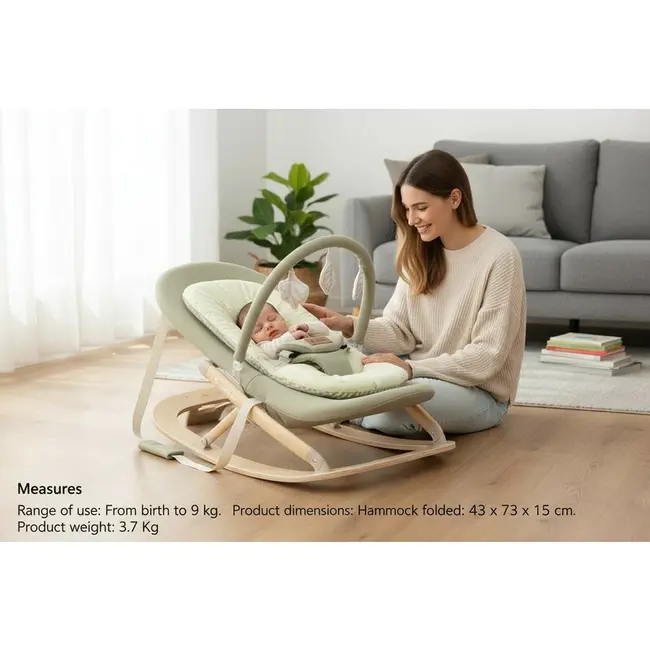 Balansoar, Jane, Kalm, Pliabil, Cu bara de jucarii si spatar reglabil, Cu baza din lemn, Conform cu standardul european de siguranta EN 12790:2023, Sage BYN8420421095065