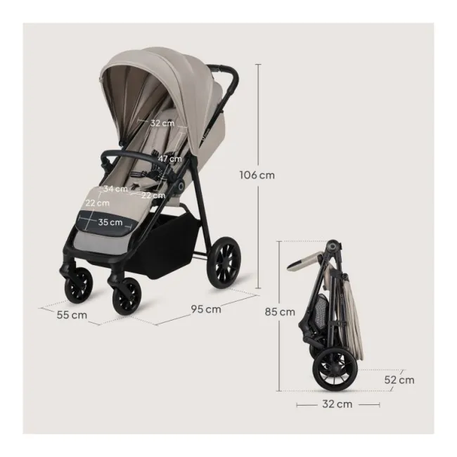 Carucior sport, Lionelo, Emerald, Pliere cu o mana, Copertina XXL UPF50+, Spatar reglabil, Suspensie completa, Roti EVA, 6- 48 luni, Pana la 22 kg, Bej BYNLO-EMERALD_BEIGE_SAND