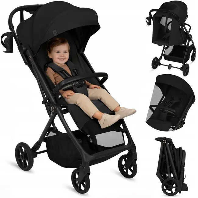 Carucior sport, Lionelo, Tansi, Pliere automata, Ultracompact, Manevrare cu o mana, Roti cu tehnologie GravelTech, Spatar si suport picioare reglabile, 6-48 luni, Sustine 22 kg, Negru BYNLO-TANSI_BLACK_ONYX