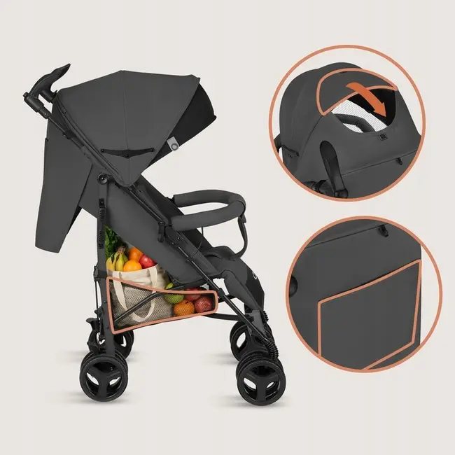 Carucior sport compact, Lionelo, Irma, Spatar ajustabil in 4 pozitii, Suport picioare reglabil, Manere rotative, Pliere tip umbrela, 6- 36 luni, Pana la 15 kg, Conform cu EN1888-1:2018, Gri inchis BYNLO-IRMA_GREY_STONE