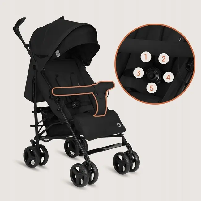 Carucior sport compact, Lionelo, Irma, Spatar ajustabil in 4 pozitii, Suport picioare reglabil, Manere rotative, Pliere tip umbrela, 6- 36 luni, Pana la 15 kg, Conform cu EN1888-1:2018, Negru Onyx BYNLO-IRMA_BLACK_ONYX