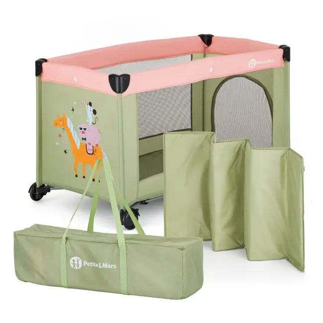 Patut pliant, Petite&Mars, Koot, 120 x 60 cm, Cu roti, Functie de tarc, Pliere compacta, Include geanta de transport, Intrare laterala cu fermoar, Pereti din plasa, Pana la 15 kg, 0-30 luni, Boho BYN921484