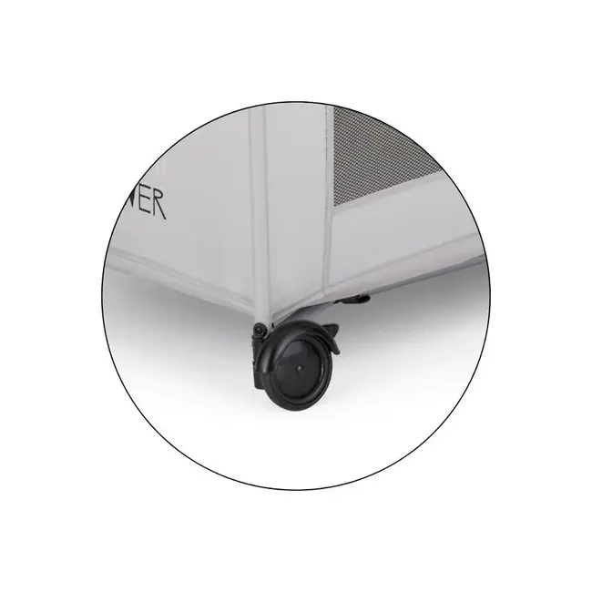 Patut pliant, Petite&Mars, Koot, 120 x 60 cm, Cu roti, Functie de tarc, Pliere compacta, Include geanta de transport, Intrare laterala cu fermoar, Pereti din plasa, Pana la 15 kg, 0-30 luni, Gri BYN921482