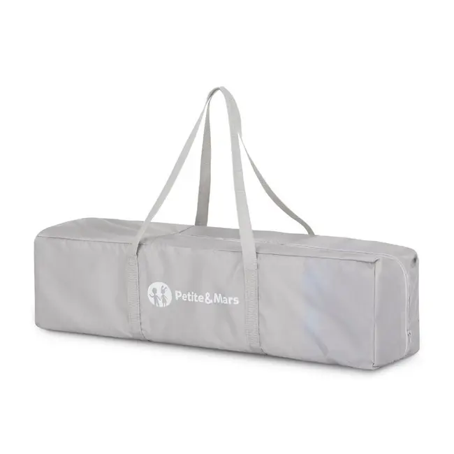 Patut pliant, Petite&Mars, Koot, 120 x 60 cm, Cu roti, Functie de tarc, Pliere compacta, Include geanta de transport, Intrare laterala cu fermoar, Pereti din plasa, Pana la 15 kg, 0-30 luni, Gri BYN921482