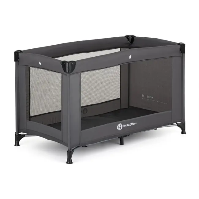 Patut pliant, Petite&Mars, Koot, 120 x 60 cm, Cu roti, Functie de tarc, Pliere compacta, Include geanta de transport, Intrare laterala cu fermoar, Pereti din plasa, Pana la 15 kg, 0-30 luni, Gri Charcoal BYN918465