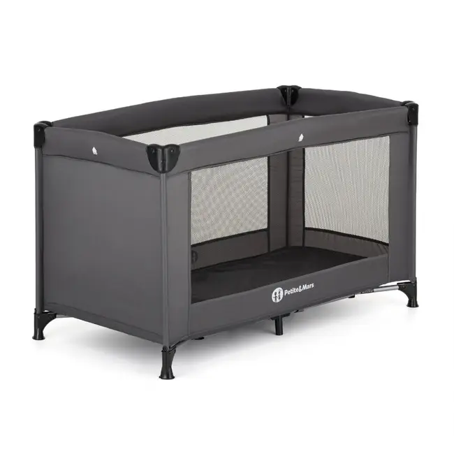 Patut pliant, Petite&Mars, Koot, 120 x 60 cm, Cu roti, Functie de tarc, Pliere compacta, Include geanta de transport, Intrare laterala cu fermoar, Pereti din plasa, Pana la 15 kg, 0-30 luni, Gri Charcoal BYN918465