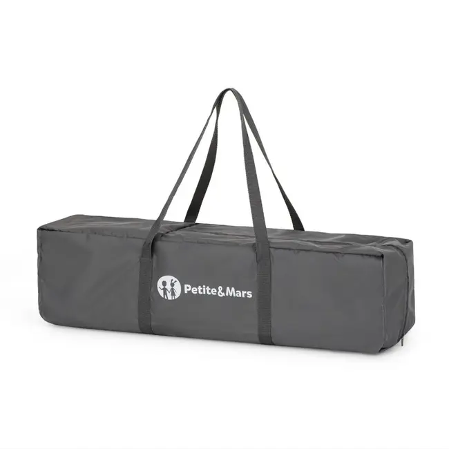 Patut pliant, Petite&Mars, Koot, 120 x 60 cm, Cu roti, Functie de tarc, Pliere compacta, Include geanta de transport, Intrare laterala cu fermoar, Pereti din plasa, Pana la 15 kg, 0-30 luni, Gri Charcoal BYN918465