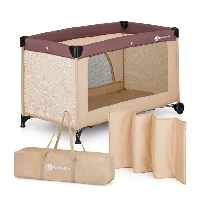 Patut pliant, Petite&Mars, Nyja, 120 x 60 cm, Cu roti, Functie de tarc, Pliere compacta, Include geanta de transport, Intrare laterala cu fermoar, Pereti din plasa, Pana la 15 kg, 0-30 luni, Maro BYN923485