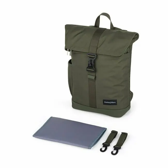 Rucsac pentru mamici, Petite&Mars, Jackob, Compartimentare multipla, Buzunare termoizolante si impermeabile si pentru laptop, Sistem prindere carucior, Include salteluta de infasat, 30 x 46 x 15 cm, Verde BYN510839