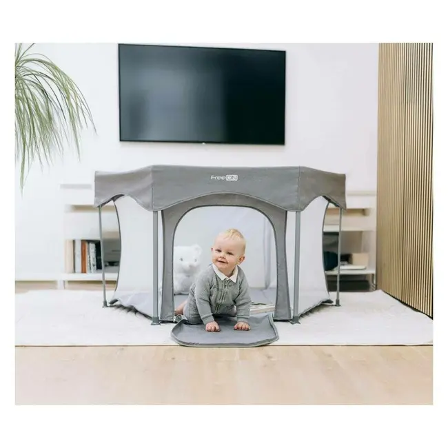 Tarc de joaca, FreeON, Hexagon, Pliabil, Intrare cu fermoar, Cu geanta de transport, 117 x 74 cm, Grey BYN88353