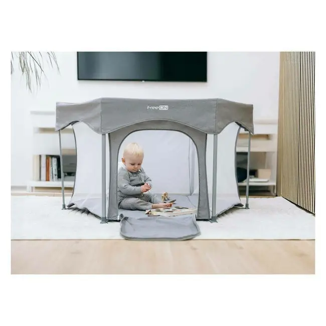 Tarc de joaca, FreeON, Hexagon, Pliabil, Intrare cu fermoar, Cu geanta de transport, 117 x 74 cm, Grey BYN88353