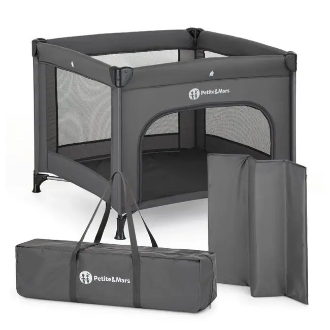 Tarc pliant, Petite&Mars, Nook, 90 x 90 cm, Pliere compacta, Include geanta de transport, Intrare laterala, Pereti din plasa, Structura stabila, Pana la 15 kg, 0 luni+, Gri BYN919488