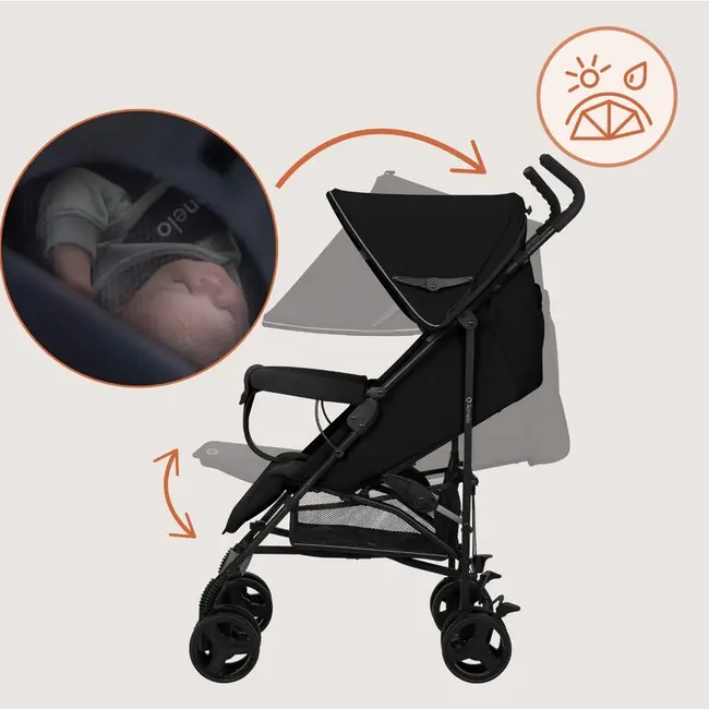 Carucior sport, Lionelo, Elia, Cu plasa de tantari, Suport de picioare reglabil, Spatar ajustabil in 4 pozitii, Capotina XXL, Pliere tip umbrela, Capacitate 15 kg, 6 luni+, EN 1888, Negru BYNLO-ELIA_BLACK_ONYX