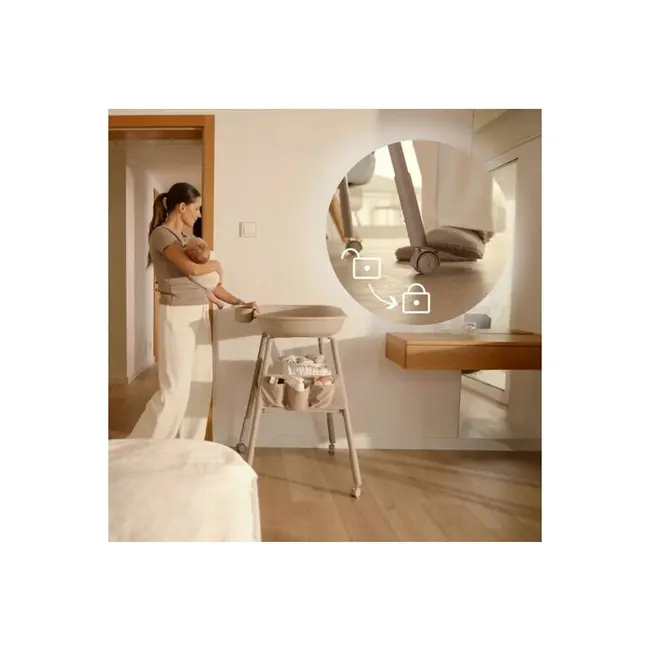 Masuta de infasat, Lionelo, Rosie, Cu saltea de infasat inclusa si roti, Spatiu pentru depozitare, Reglabila pe inaltime, Sustine 11 kg, 65x78x100 cm, 0 luni+, Bej BYNLO-ROSIE_BEIGE_SAND