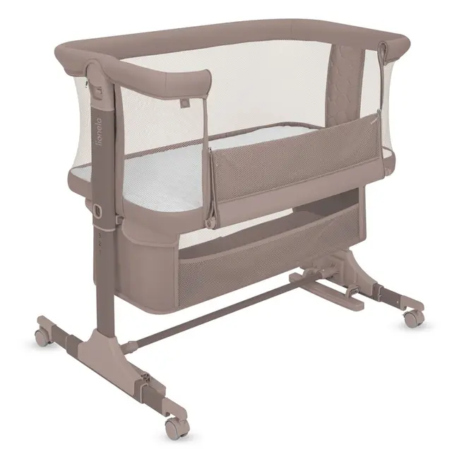 Patut co-sleeper, Lionelo, Jodie, Multifunctional, Reglabil in 6 pozitii pe inaltime, Saltea cu densitate T25, Functie de leganare, Cu plasa de tantari, Buzunar depozitare, Geanta transport, 84x48x70-80 cm, Taupe BYNLO-JODIE_BEIGE_TAUPE