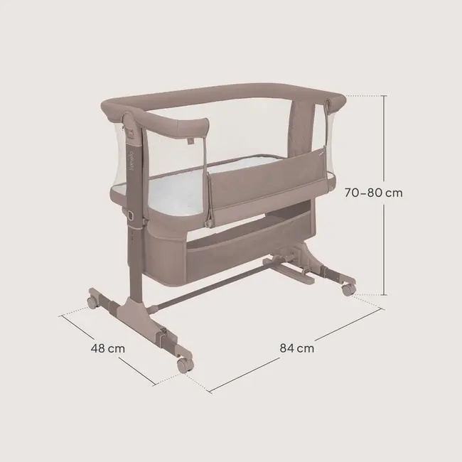 Patut co-sleeper, Lionelo, Jodie, Multifunctional, Reglabil in 6 pozitii pe inaltime, Saltea cu densitate T25, Functie de leganare, Cu plasa de tantari, Buzunar depozitare, Geanta transport, 84x48x70-80 cm, Taupe BYNLO-JODIE_BEIGE_TAUPE