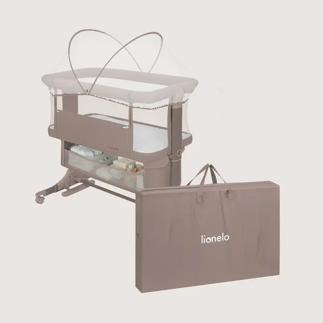 Patut co-sleeper, Lionelo, Jodie, Multifunctional, Reglabil in 6 pozitii pe inaltime, Saltea cu densitate T25, Functie de leganare, Cu plasa de tantari, Buzunar depozitare, Geanta transport, 84x48x70-80 cm, Taupe BYNLO-JODIE_BEIGE_TAUPE