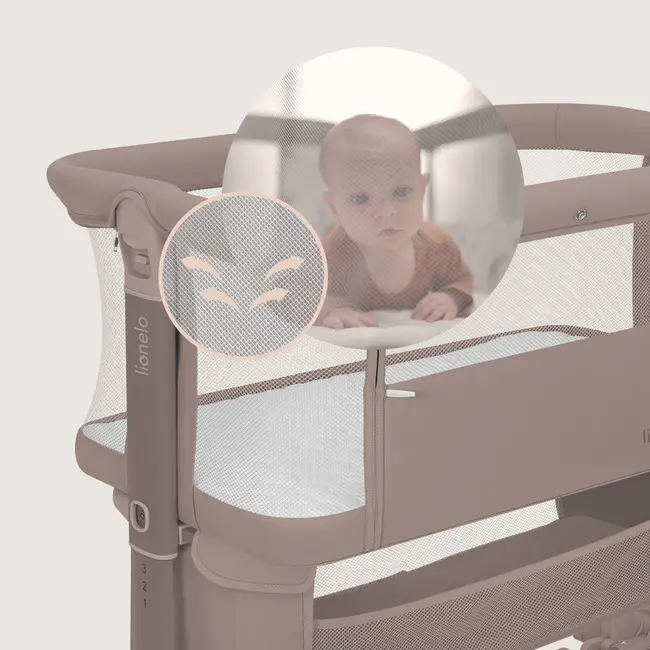 Patut co-sleeper, Lionelo, Jodie, Multifunctional, Reglabil in 6 pozitii pe inaltime, Saltea cu densitate T25, Functie de leganare, Cu plasa de tantari, Buzunar depozitare, Geanta transport, 84x48x70-80 cm, Taupe BYNLO-JODIE_BEIGE_TAUPE