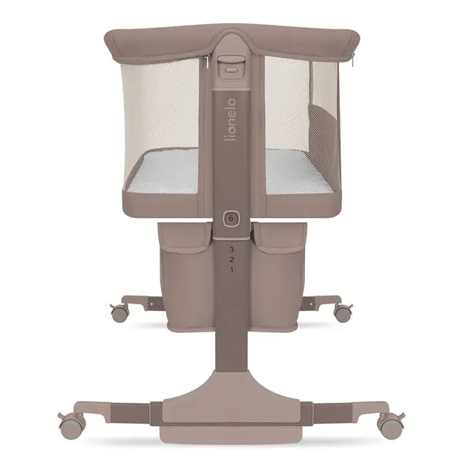 Patut co-sleeper, Lionelo, Jodie, Multifunctional, Reglabil in 6 pozitii pe inaltime, Saltea cu densitate T25, Functie de leganare, Cu plasa de tantari, Buzunar depozitare, Geanta transport, 84x48x70-80 cm, Taupe BYNLO-JODIE_BEIGE_TAUPE