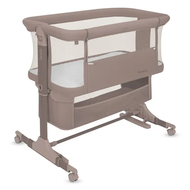 Patut co-sleeper, Lionelo, Jodie, Multifunctional, Reglabil in 6 pozitii pe inaltime, Saltea cu densitate T25, Functie de leganare, Cu plasa de tantari, Buzunar depozitare, Geanta transport, 84x48x70-80 cm, Taupe BYNLO-JODIE_BEIGE_TAUPE