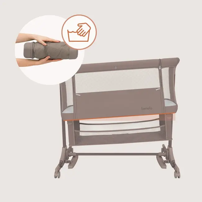 Patut co-sleeper, Lionelo, Jodie, Multifunctional, Reglabil in 6 pozitii pe inaltime, Saltea cu densitate T25, Functie de leganare, Cu plasa de tantari, Buzunar depozitare, Geanta transport, 84x48x70-80 cm, Taupe BYNLO-JODIE_BEIGE_TAUPE