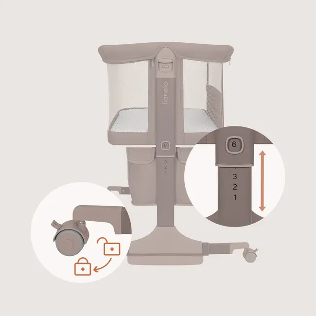 Patut co-sleeper, Lionelo, Jodie, Multifunctional, Reglabil in 6 pozitii pe inaltime, Saltea cu densitate T25, Functie de leganare, Cu plasa de tantari, Buzunar depozitare, Geanta transport, 84x48x70-80 cm, Taupe BYNLO-JODIE_BEIGE_TAUPE