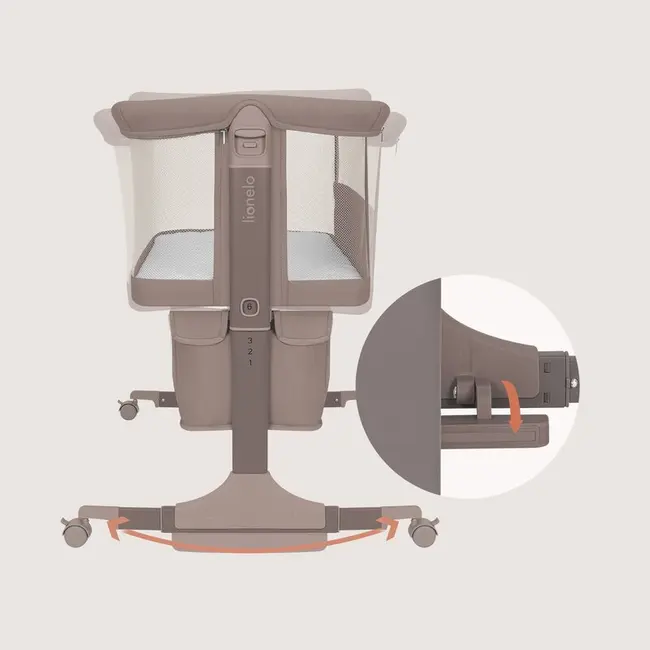 Patut co-sleeper, Lionelo, Jodie, Multifunctional, Reglabil in 6 pozitii pe inaltime, Saltea cu densitate T25, Functie de leganare, Cu plasa de tantari, Buzunar depozitare, Geanta transport, 84x48x70-80 cm, Taupe BYNLO-JODIE_BEIGE_TAUPE