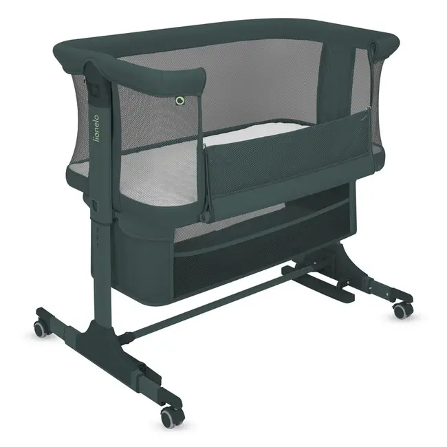 Patut co-sleeper, Lionelo, Jodie, Multifunctional, Reglabil in 6 pozitii pe inaltime, Saltea cu densitate T25, Functie de leganare, Cu plasa de tantari, Buzunar depozitare, Geanta transport, 84x48x70-80 cm, Verde inchis BYNLO-JODIE_GREEN_GRAPHITE