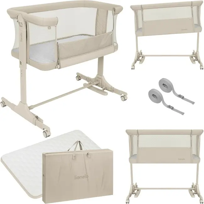 Patut co-sleeper, Lionelo, Pari, Multifunctional, Cu leganare, Reglabil in 6 pozitii pe inaltime, Saltea cu densitate T25, Geanta transport, 84x48x70-80 cm, Bej BYNLO-PARI_BEIGE_CREAM