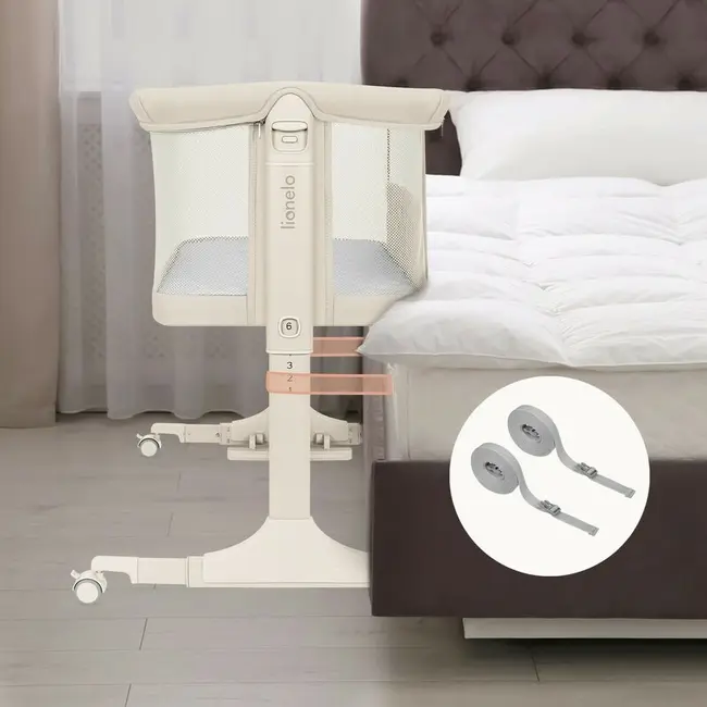 Patut co-sleeper, Lionelo, Pari, Multifunctional, Cu leganare, Reglabil in 6 pozitii pe inaltime, Saltea cu densitate T25, Geanta transport, 84x48x70-80 cm, Bej BYNLO-PARI_BEIGE_CREAM