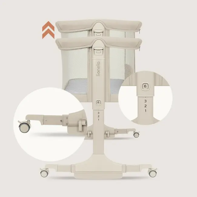 Patut co-sleeper, Lionelo, Pari, Multifunctional, Cu leganare, Reglabil in 6 pozitii pe inaltime, Saltea cu densitate T25, Geanta transport, 84x48x70-80 cm, Bej BYNLO-PARI_BEIGE_CREAM