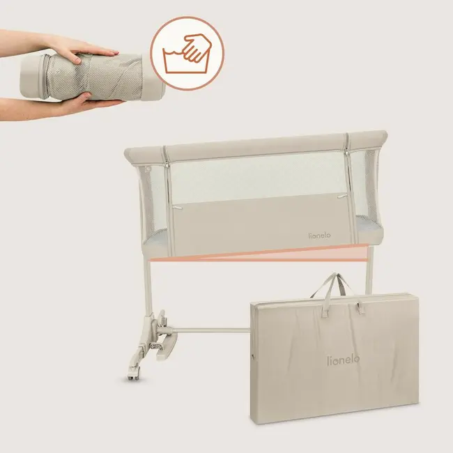 Patut co-sleeper, Lionelo, Pari, Multifunctional, Cu leganare, Reglabil in 6 pozitii pe inaltime, Saltea cu densitate T25, Geanta transport, 84x48x70-80 cm, Bej BYNLO-PARI_BEIGE_CREAM
