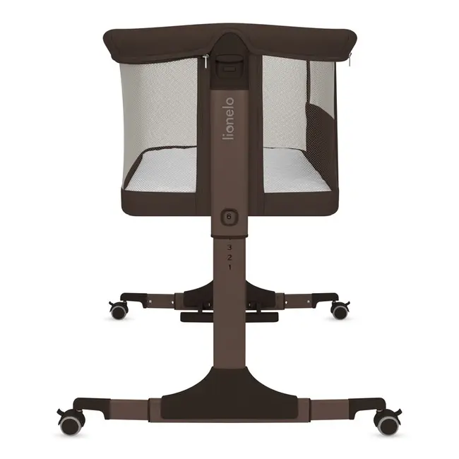 Patut co-sleeper, Lionelo, Pari, Multifunctional, Cu leganare, Reglabil in 6 pozitii pe inaltime, Saltea cu densitate T25, Geanta transport, 84x48x70-80 cm, Maro BYNLO-PARI_BROWN_CHOCOLATE