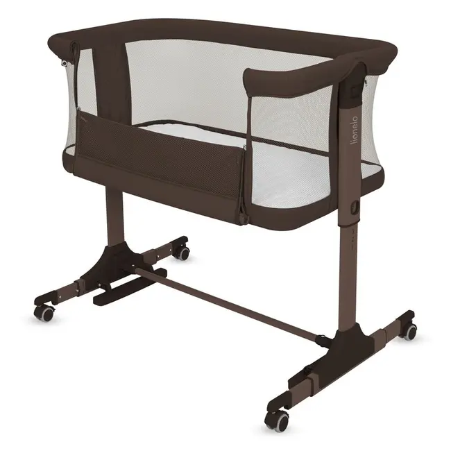 Patut co-sleeper, Lionelo, Pari, Multifunctional, Cu leganare, Reglabil in 6 pozitii pe inaltime, Saltea cu densitate T25, Geanta transport, 84x48x70-80 cm, Maro BYNLO-PARI_BROWN_CHOCOLATE