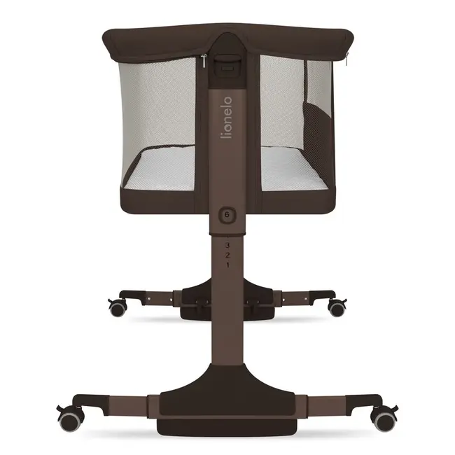 Patut co-sleeper, Lionelo, Pari, Multifunctional, Cu leganare, Reglabil in 6 pozitii pe inaltime, Saltea cu densitate T25, Geanta transport, 84x48x70-80 cm, Maro BYNLO-PARI_BROWN_CHOCOLATE