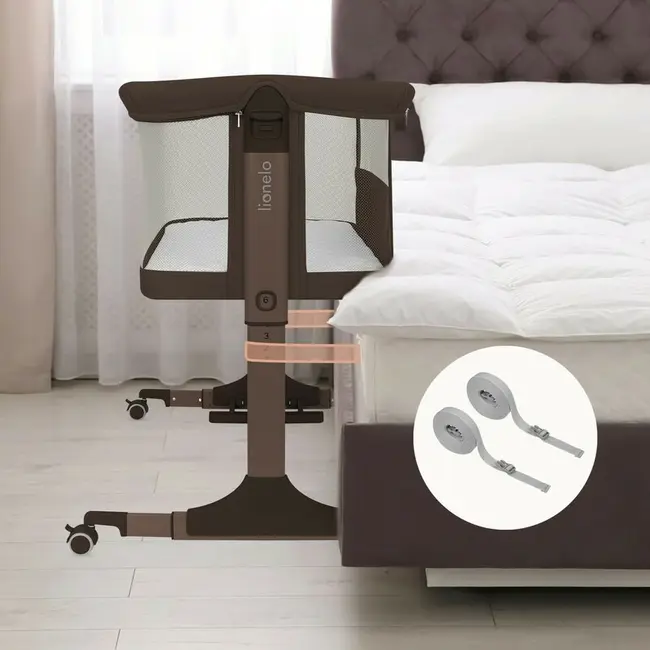 Patut co-sleeper, Lionelo, Pari, Multifunctional, Cu leganare, Reglabil in 6 pozitii pe inaltime, Saltea cu densitate T25, Geanta transport, 84x48x70-80 cm, Maro BYNLO-PARI_BROWN_CHOCOLATE