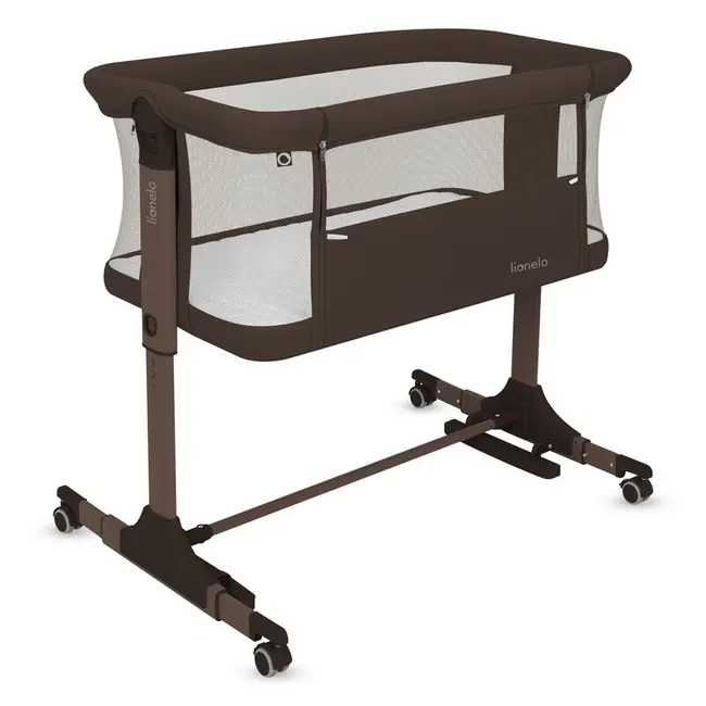 Patut co-sleeper, Lionelo, Pari, Multifunctional, Cu leganare, Reglabil in 6 pozitii pe inaltime, Saltea cu densitate T25, Geanta transport, 84x48x70-80 cm, Maro BYNLO-PARI_BROWN_CHOCOLATE