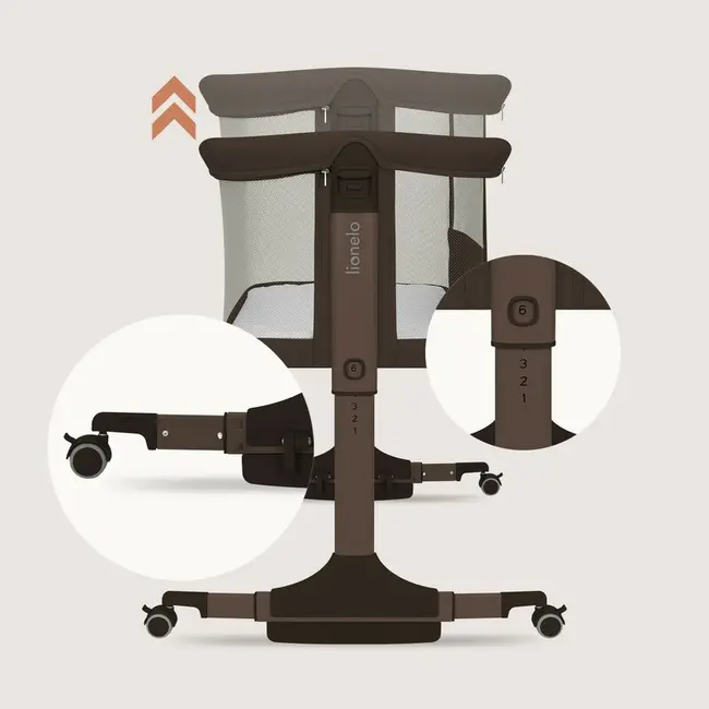 Patut co-sleeper, Lionelo, Pari, Multifunctional, Cu leganare, Reglabil in 6 pozitii pe inaltime, Saltea cu densitate T25, Geanta transport, 84x48x70-80 cm, Maro BYNLO-PARI_BROWN_CHOCOLATE
