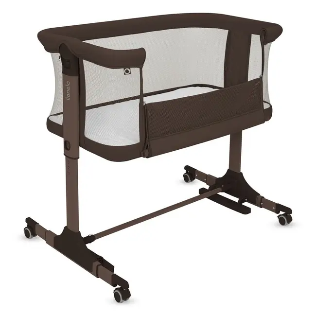 Patut co-sleeper, Lionelo, Pari, Multifunctional, Cu leganare, Reglabil in 6 pozitii pe inaltime, Saltea cu densitate T25, Geanta transport, 84x48x70-80 cm, Maro BYNLO-PARI_BROWN_CHOCOLATE