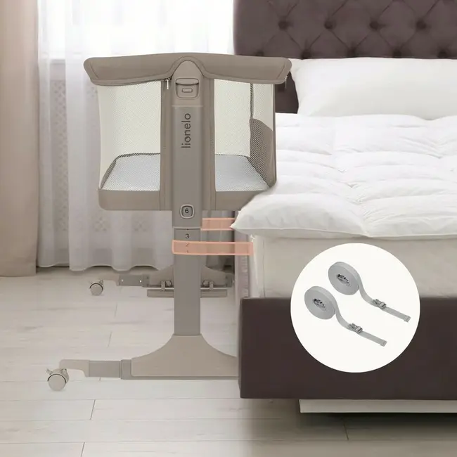 Patut co-sleeper, Lionelo, Pari, Multifunctional, Cu leganare, Reglabil in 6 pozitii pe inaltime, Saltea cu densitate T25, Geanta transport, 84x48x70-80 cm, Taupe BYNLO-PARI_BEIGE_TAUPE