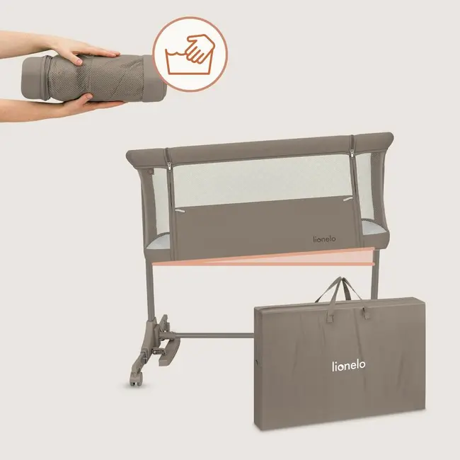 Patut co-sleeper, Lionelo, Pari, Multifunctional, Cu leganare, Reglabil in 6 pozitii pe inaltime, Saltea cu densitate T25, Geanta transport, 84x48x70-80 cm, Taupe BYNLO-PARI_BEIGE_TAUPE