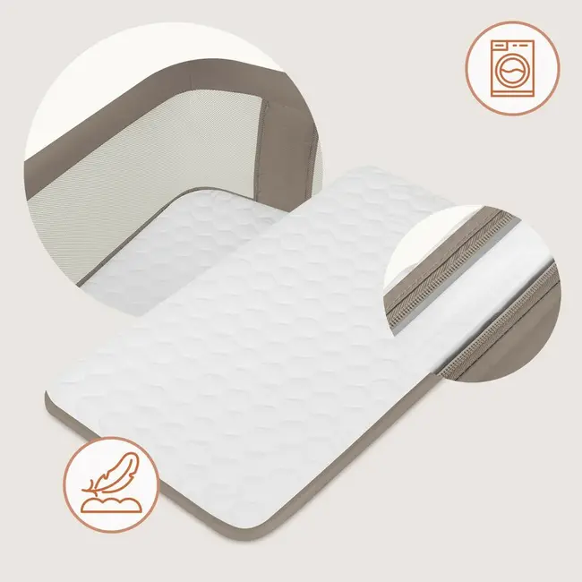 Patut co-sleeper, Lionelo, Pari, Multifunctional, Cu leganare, Reglabil in 6 pozitii pe inaltime, Saltea cu densitate T25, Geanta transport, 84x48x70-80 cm, Taupe BYNLO-PARI_BEIGE_TAUPE