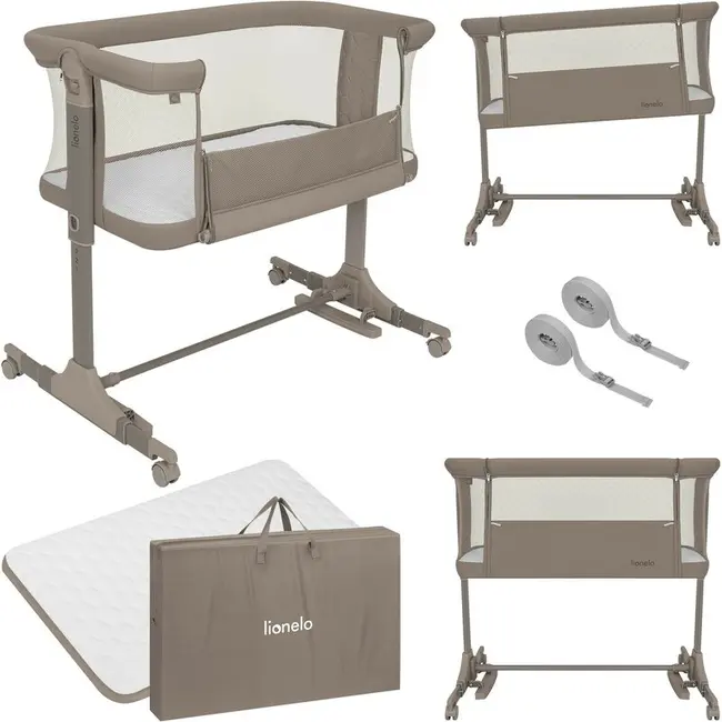 Patut co-sleeper, Lionelo, Pari, Multifunctional, Cu leganare, Reglabil in 6 pozitii pe inaltime, Saltea cu densitate T25, Geanta transport, 84x48x70-80 cm, Taupe BYNLO-PARI_BEIGE_TAUPE