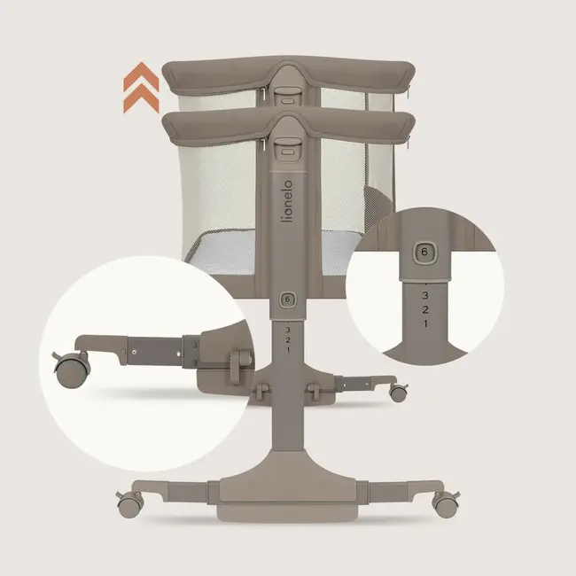Patut co-sleeper, Lionelo, Pari, Multifunctional, Cu leganare, Reglabil in 6 pozitii pe inaltime, Saltea cu densitate T25, Geanta transport, 84x48x70-80 cm, Taupe BYNLO-PARI_BEIGE_TAUPE