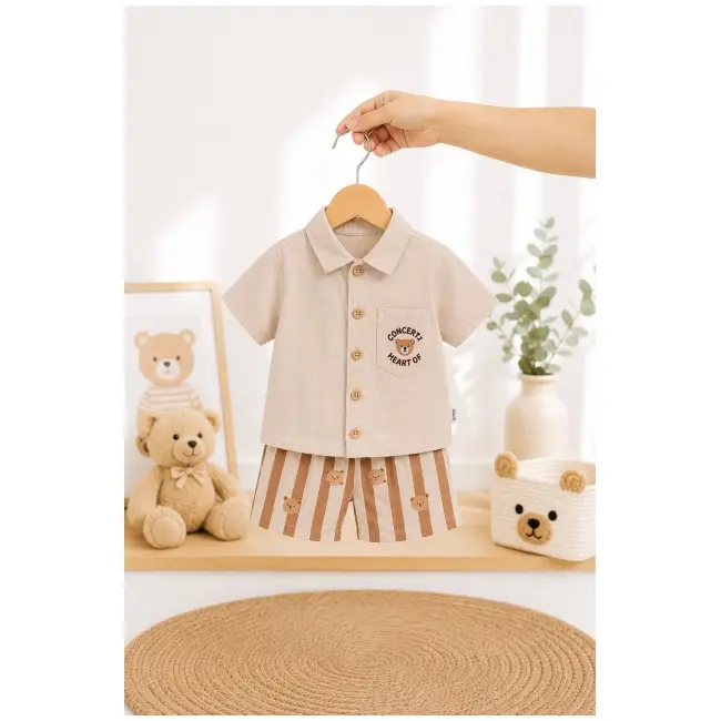 Citir, set pantalonasi si camasuta crem ursuleti bkr7277-1